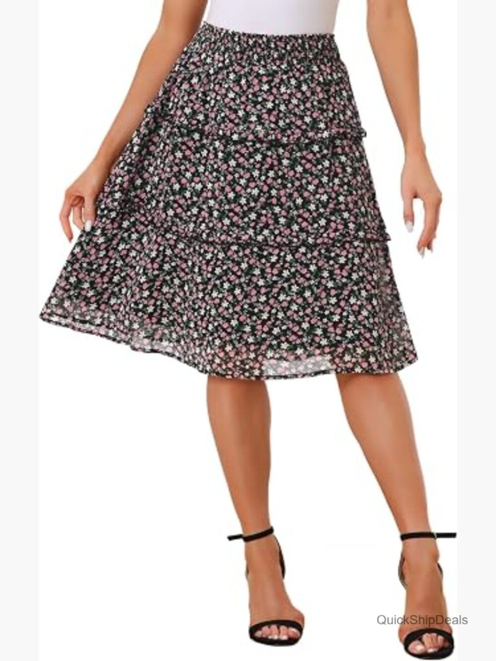 Womens Floral Chiffon Skirt Smocked Elastic Waist A-Line Below Knee Tiered